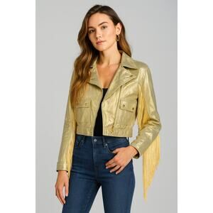 Wallflower San Francisco Vintage Metallic Gold Fringe Denim Jacket – Size Small